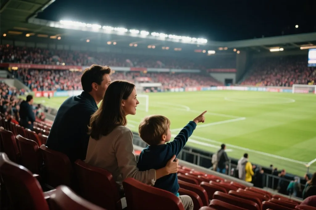 球场看台上亲子一起指着球场讲解比赛的瞬间