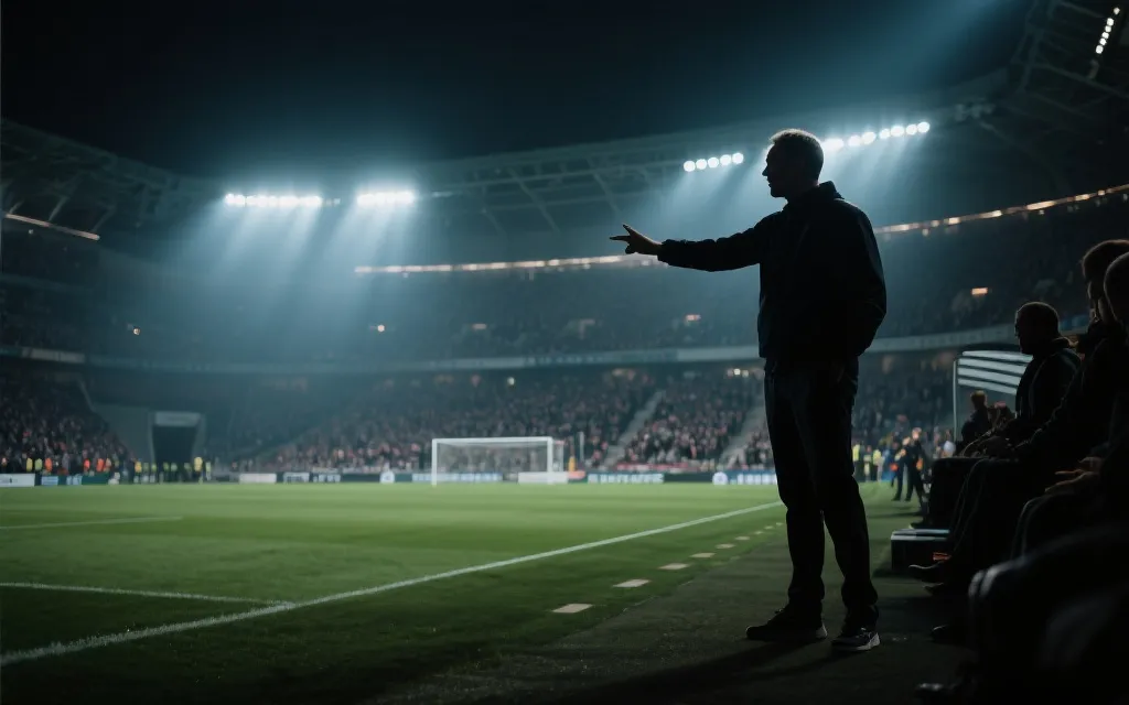世界杯赛场氛围与教练在场边指挥的剪影，聚光灯与观众看台，电影感