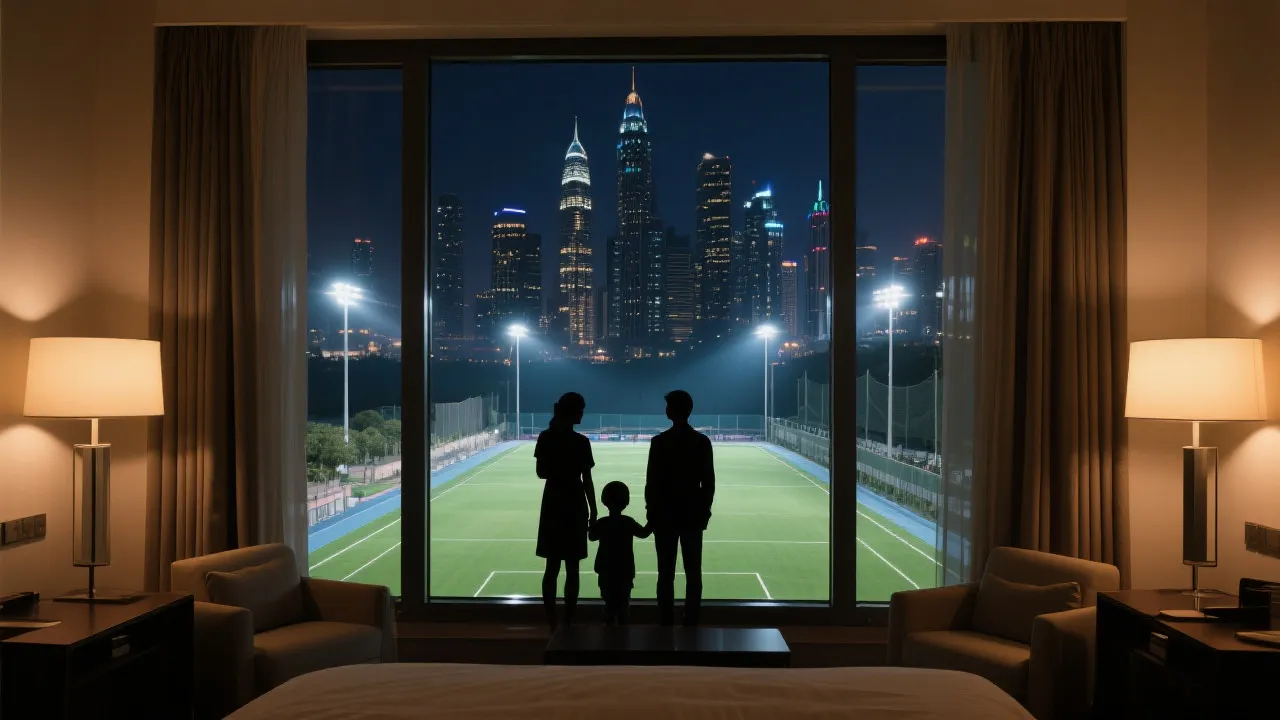 高端观赛与北美深度旅行融合的画面：球场灯光、城市夜景与家庭在酒店套房中放松的对比叙事