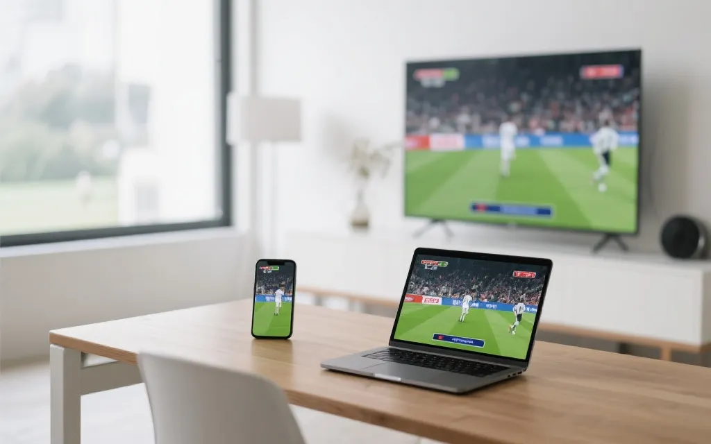 手机、电脑与电视多屏同看足球比赛的桌面布局