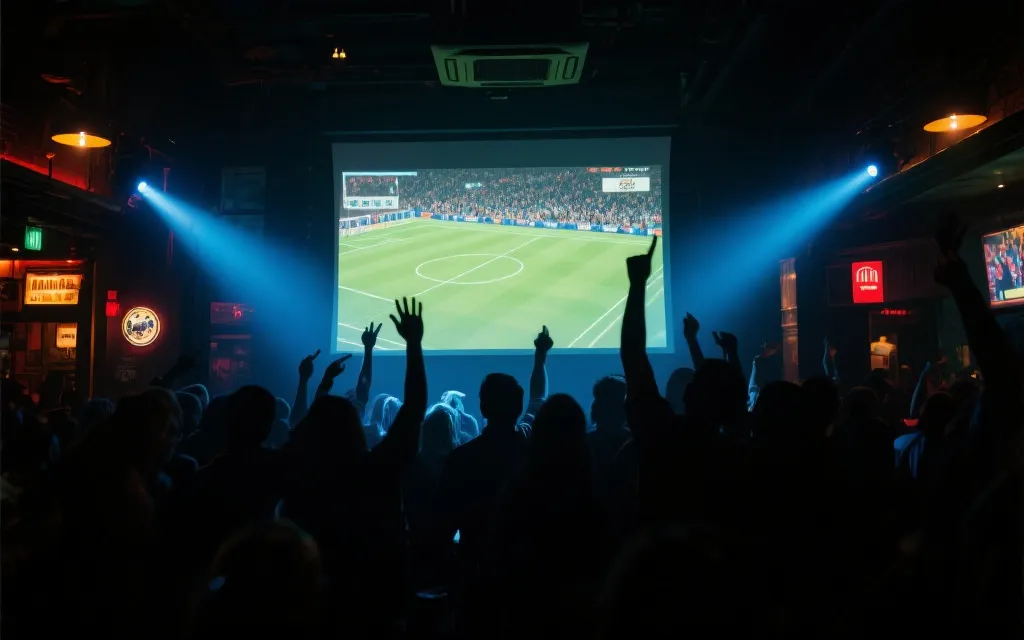 夜晚球迷观赛点的投影大屏与人群剪影，充满热烈氛围