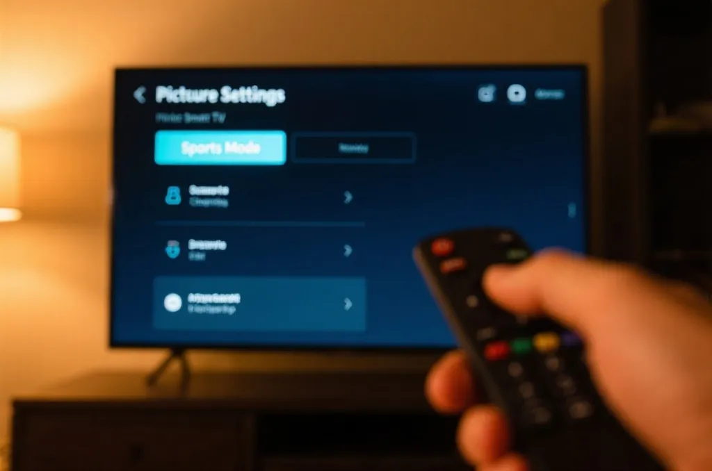 Close-up of a television remote setting menu on screen adjusting picture mode to sports mode