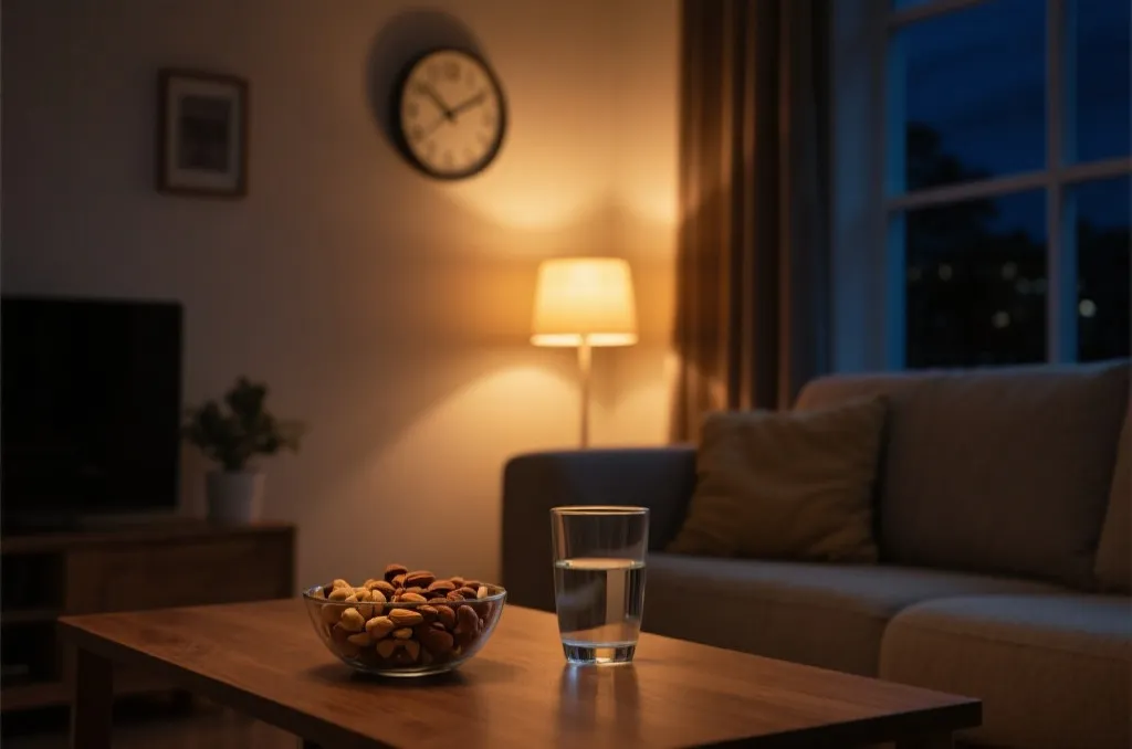 A cozy living room setting at night, with a warm lamp glowing, a clock on the wall showing midnight, and a healthy snack bowl of nuts next to a glass of water on a wooden table.